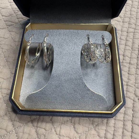Brilliance Silver Plate Earrings Braided & Filigree Hoop Earring 2-Pair Set NWT - Picture 2 of 7